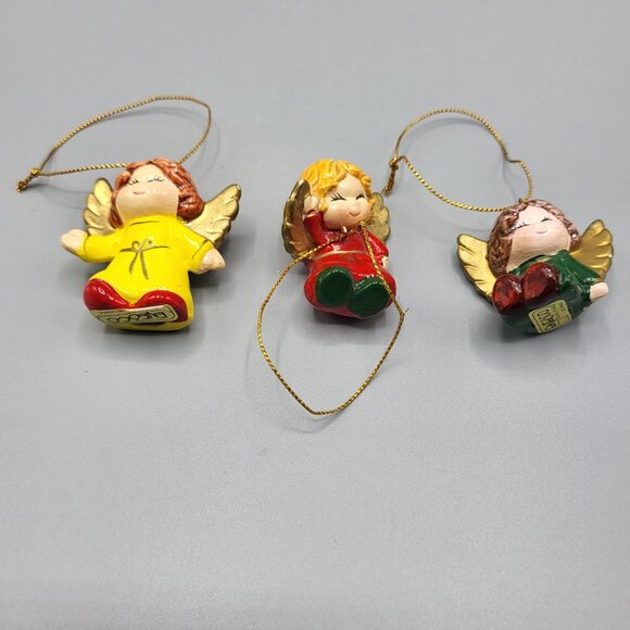 Vintage Enesco Ceramic Mini Angels Cherubs Christmas Ornaments Set Of 3 Hanging - Picture 2 of 11